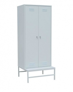 Шкаф металлический для переодевания со скамьей (Кожзам) соеденины по 2, 600*655*2000 мм Металл (Серый),Кожзам (Синий)