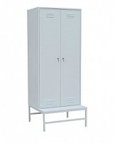 Шкаф металлический для переодевания со скамьей (Кожзам) соеденины по 2, 600*655*2000 мм Металл (Серый),Кожзам (Синий)